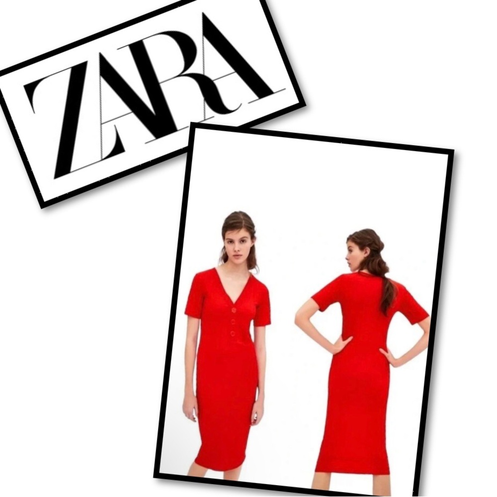 ZARA Red Ribbed fitted V-Neck midi dress with faux buttons & short sleeve 🎉SALE